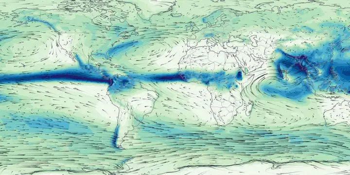 World map of average July precipitation, with the rain band of the Intertropical Convergence Zone and the Asian monsoon, and streaks showing the 850 hPa winds